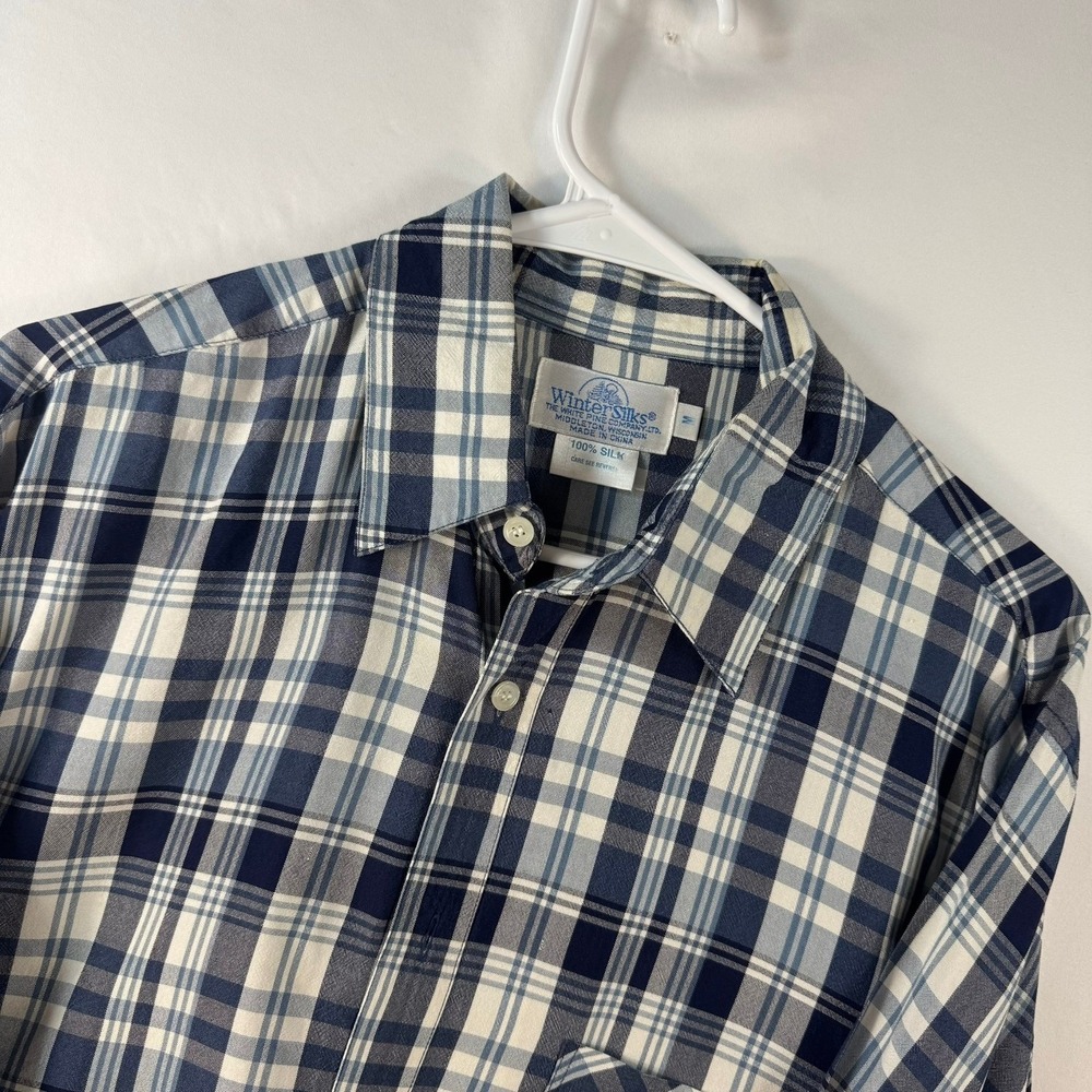 WinterSilks Mens Blue White Plaid 100% Silk Long Sleeve Button Down Shirt Size M